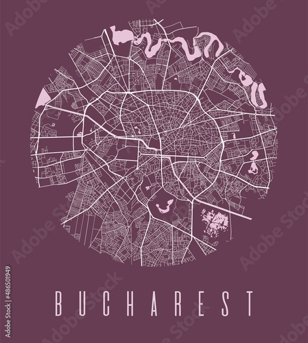 Bucharest city map circle poster. Round circular road aerial view, street map vector illustration. Cityscape area panorama.