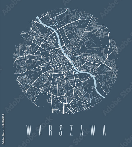 Warsaw city map circle poster. Round circular road aerial view, street map vector illustration. Cityscape area panorama.