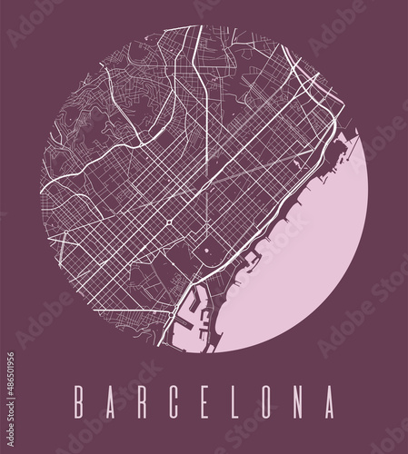 Barcelona city map circle poster. Round circular road aerial view, street map vector illustration. Cityscape area panorama.