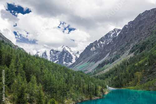 Beautiful view of the snowy mountain and the mountain lake with blue water