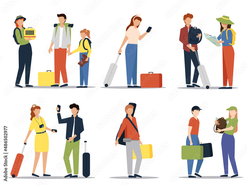 Tourists travel with suitcases and bag. People with suitcases bags and backpacks. A crowd of people tourists