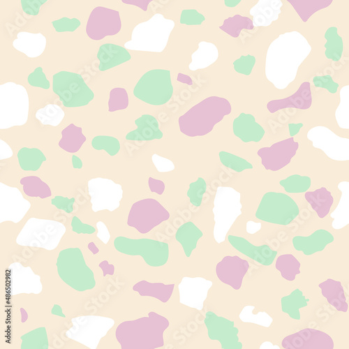 Terrazzo or granite stone seamless pattern in pastel beige-green-pink colors, vector re-sizable file.