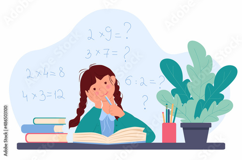 Little girl is sitting at a table over a book and chewing on a pencil. Schoolgirl is learning the multiplication table. There are math examples in the background. Vector illustration in flat style