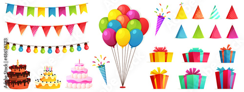 Birthday party isolated elements set with colorful presents fairy lights flags. Colorful balloons  carnival celebration food and candy.