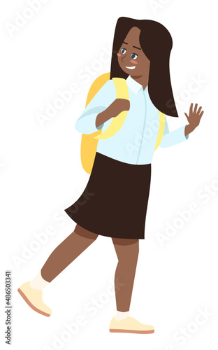 Waving goodbye to school friends semi flat RGB color vector illustration. Smiling little girl with yellow backpack isolated cartoon character on white background