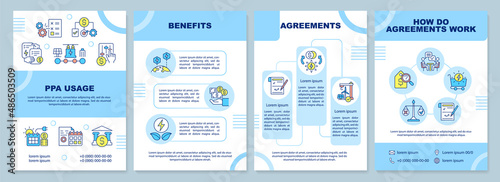 PPA usage blue brochure template. Agreement benefits and work. Leaflet design with linear icons. 4 vector layouts for presentation, annual reports. Arial-Black, Myriad Pro-Regular fonts used