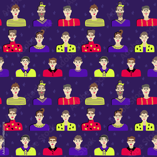 Seamless pattern with portraits of men with different hairstyles and clothes