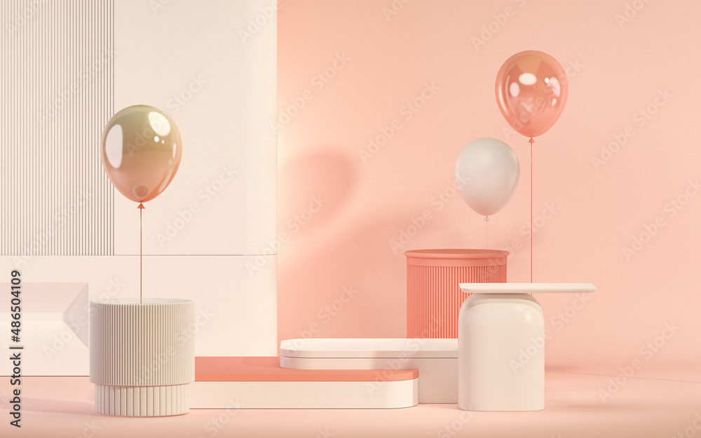 3D podium display, pastel pink background with gift boxes. Bubble and palm leaf shadow. Minimal pedestal for beauty, cosmetic product. Valentine, Women's day. 3d render
