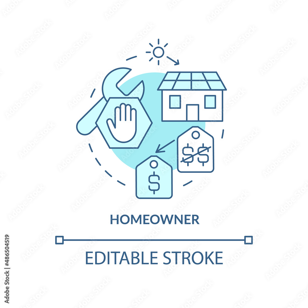 Homeowner turquoise concept icon. Lower price of energy. Power purchase agreements abstract idea thin line illustration. Isolated outline drawing. Editable stroke. Arial, Myriad Pro-Bold fonts used