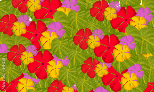 Colorful red  yellow and pink  tropical flower with green leaves hand drawn  watercolor digital painting  wallpaper  design background