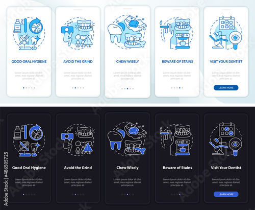 Veneers maintenance night and day mode onboarding mobile app screen. Walkthrough 5 steps graphic instructions pages with linear concepts. UI, UX, GUI template. Myriad Pro-Bold, Regular fonts used