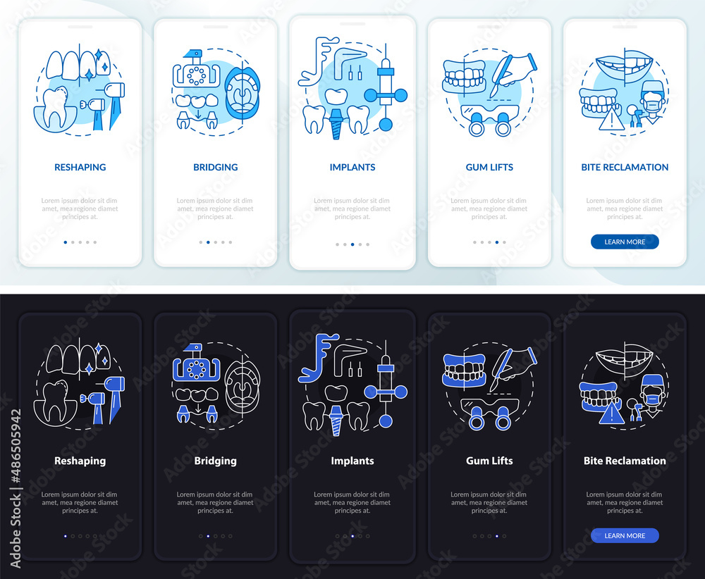 Dentistry procedures night and day mode onboarding mobile app screen. Walkthrough 5 steps graphic instructions pages with linear concepts. UI, UX, GUI template. Myriad Pro-Bold, Regular fonts used