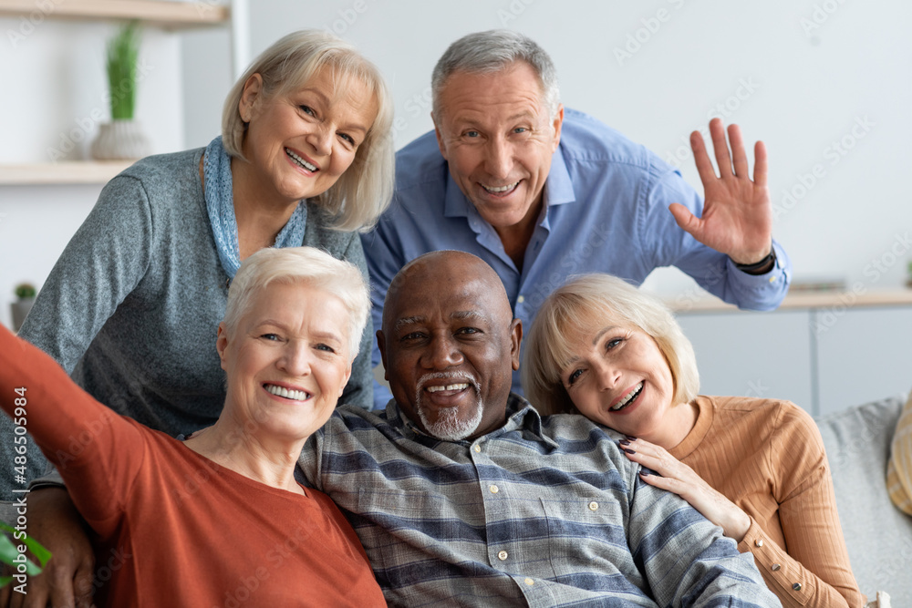 Happy elderly people taking selfie together, home interior Happy elderly people taking selfie together, home interior