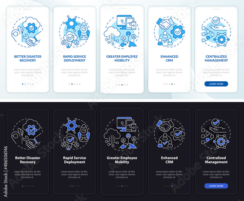 UCaaS advantages night and day mode onboarding mobile app screen. Tech walkthrough 5 steps graphic instructions pages with linear concepts. UI, UX, GUI template. Myriad Pro-Bold, Regular fonts used photo