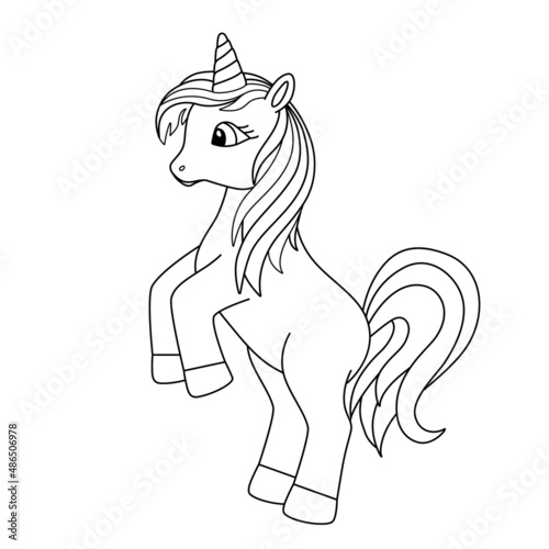 Black outline of a beautiful cartoon unicorn. The animal is standing on its hind legs. Sketch illustration for a coloring book.