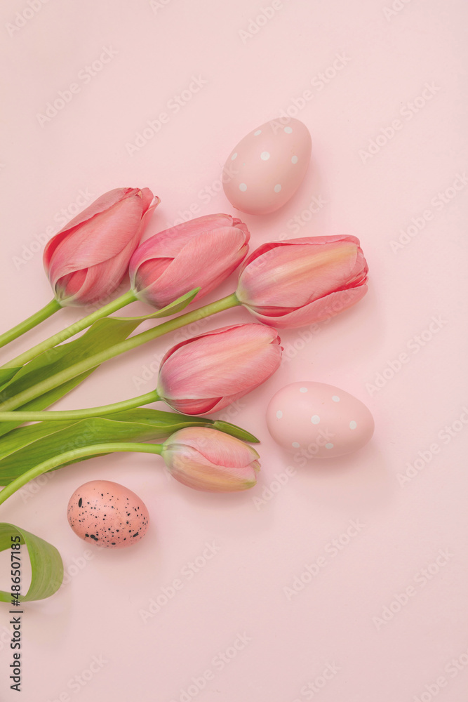 Happy Easter greeting card. Pastel color egg and tulip flower on pink. Spring Holiday celebration Happy Easter greeting card. Pastel color egg and tulip flower on pink. Spring Holiday celebration