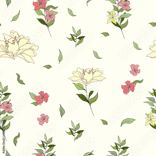 Spring floral light seamless background  green branches with flowers. Vector illustration for fabric  home textile and paper.
