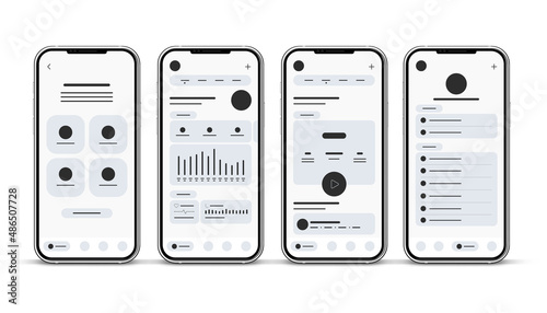 Set of UI UX Wireframes with 3d realistic smartphones, GUI screens any app flat design template for mobile apps, responsive website application wireframes. Web design UI kit.