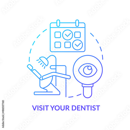 Visit dentist blue gradient concept icon. Dental veneers care abstract idea thin line illustration. Proper oral health. Seeing dentist regularly. Isolated outline drawing. Myriad Pro-Bold font used © bsd studio