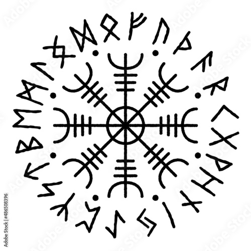 Aegishjalmur. Symbol of protection, helmet of Horror. Scandinavian runic amulet vikings with a futhark in a circle. 24 Runes, vector illustration. photo