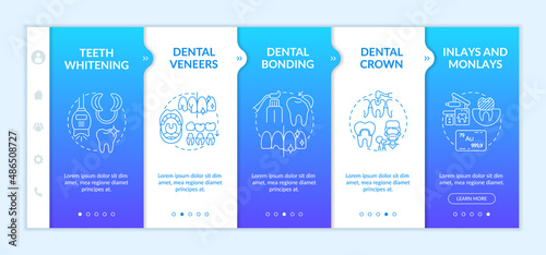 Cosmetic enhancement types blue gradient onboarding template. Dental veneers. Responsive mobile website with linear concept icons. Web page walkthrough 5 step screens. Lato-Bold, Regular fonts used