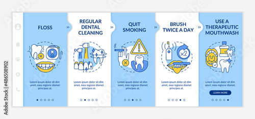 Periodontal disease prevention blue onboarding template. Regular cleaning. Responsive mobile website with linear concept icons. Web page walkthrough 5 step screens. Lato-Bold, Regular fonts used