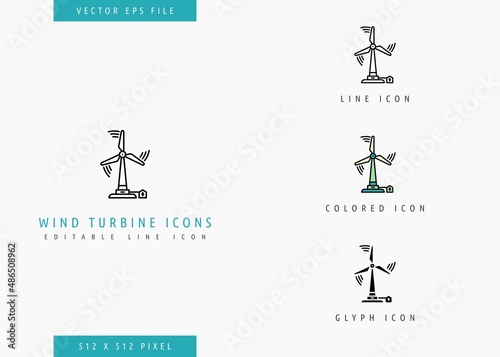 Wine turbine icons set editable stroke vector illustration. Windmill power symbol. Icon line style on isolated background for ui mobile app, web design, and presentation.