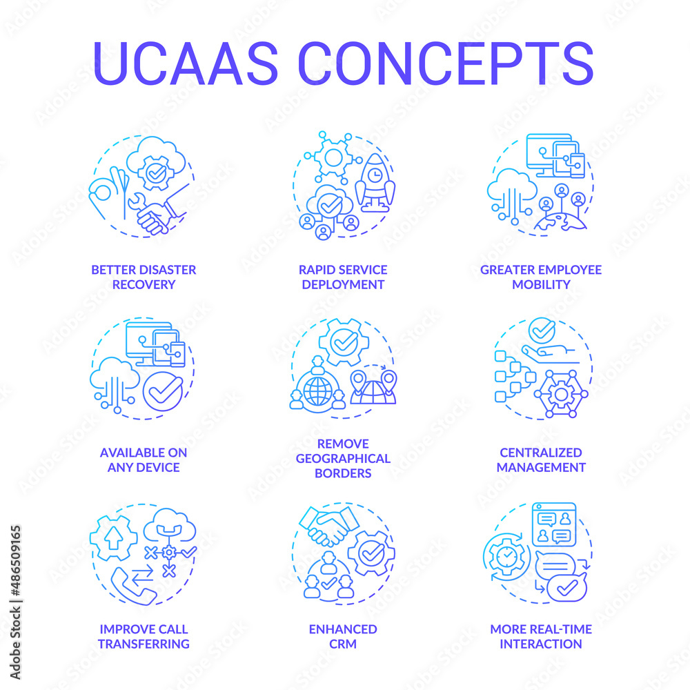UCaaS blue gradient concept icons set. Cloud delivered unified communications model. Customer service idea thin line color illustrations. Isolated symbols. Roboto-Medium, Myriad Pro-Bold fonts used