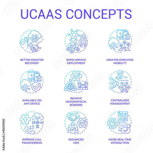 UCaaS blue gradient concept icons set. Cloud delivered unified communications model. Customer service idea thin line color illustrations. Isolated symbols. Roboto-Medium, Myriad Pro-Bold fonts used