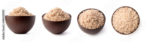 bowl of cooked whole grain brown rice in different angles, isolated on white background, collection