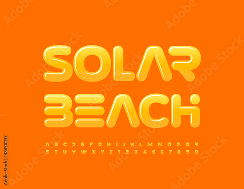 Vector creative Logo Solar Beach. Glossy Yellow Font. Modern Alphabet Letters and Numbers set.