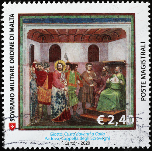 Leinwand Poster Christ in front of Caiaphas by Giotto on postage stamp