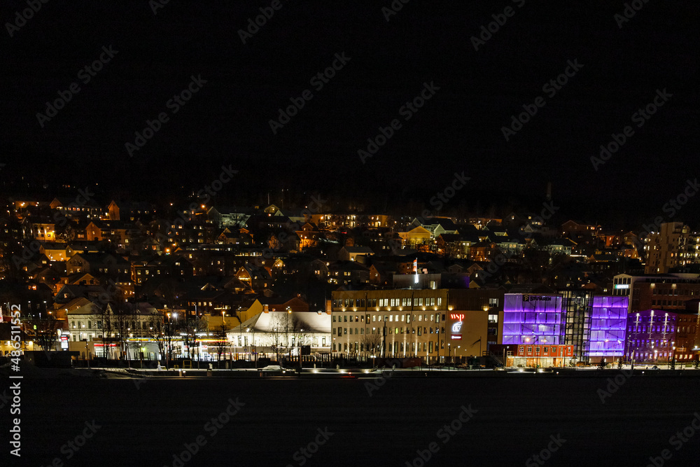 Sundsvall, Sweden The city lights at night in winter.