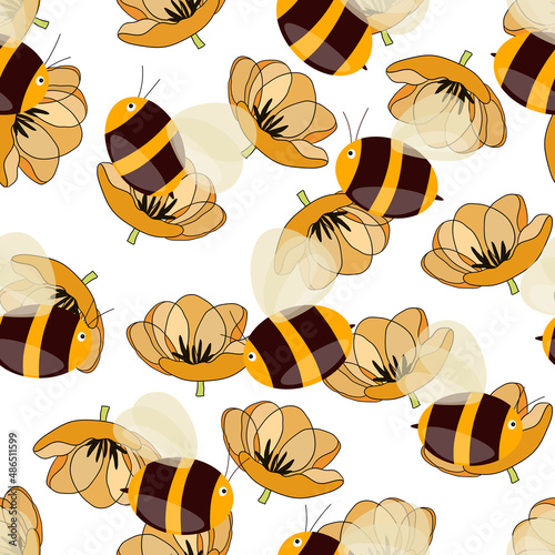 Seamless pattern with bees on floral background. Small wasp. Vector illustration. Adorable cartoon character. Template design for invitation, cards, textile, fabric. Doodle style