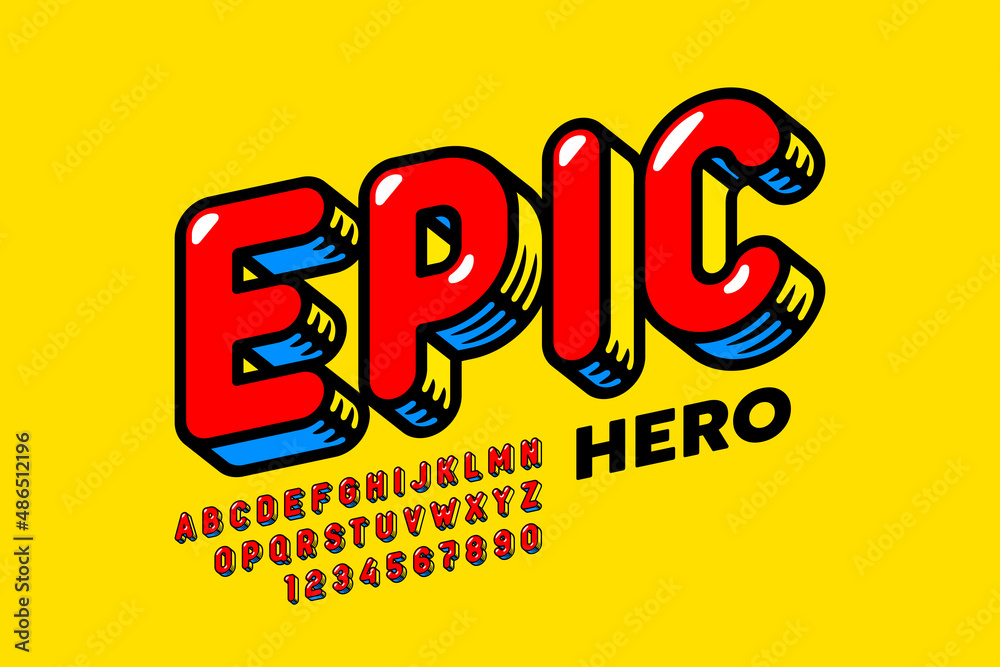 Epic Hero Comic Book style font disign, alphabet letters and numbers vector illustration