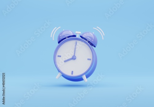 3D illustration Blue alarm clock on blue background with copy space. Minimalistic background, concept of time