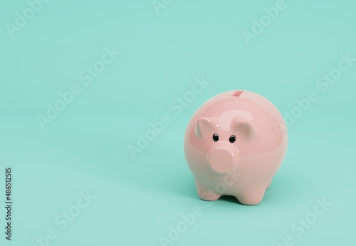 3D illustration, Pink Piggy Bank on green background with copyspace.