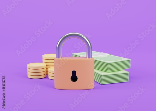 3D illustration, Bank Note and Cions with lock, financial security, online payment protection, online transaction, online banking and online photo