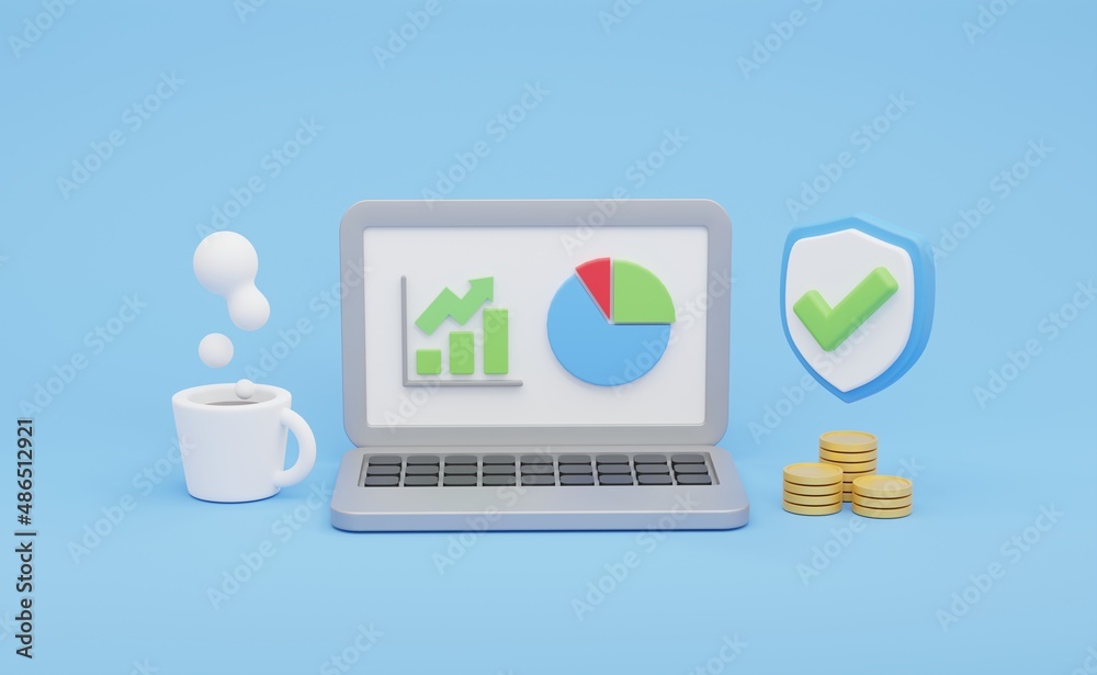 computer with charts and graph, analysis business financial data, dollar coins, Banknote, Online marketing. 3d illustration computer with charts and graph, analysis business financial data, dollar coins, Banknote, Online marketing. 3d illustration