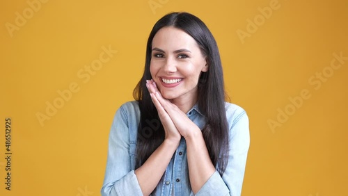 Lady impressed boyfriend give honeymoon trip isolated shine color background