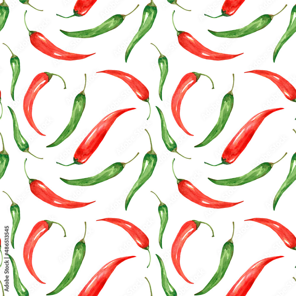 Seamless pattern Red and green hot chili pepper watercolor Seamless pattern Red and green hot chili pepper watercolor