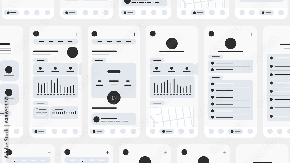 Set of UI UX Wireframes, GUI screens any app flat design template for mobile apps, responsive website application wireframes. Web design UI kit. - obrazy, fototapety, plakaty 
