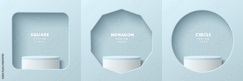 Set of white realistic 3d cylinder pedestal podium in square, nonagon and circle window on the blue wall. Abstract studio room. Pastel minimal scene for products stage showcase, Promotion display. - obrazy, fototapety, plakaty 