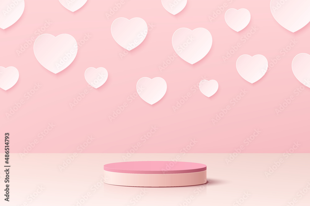 Realistic pink and white 3D cylinder pedestal podium with heart shape in paper cut style. Valentine minimal scene for products showcase, Promotion display. Vector abstract studio room platform design.