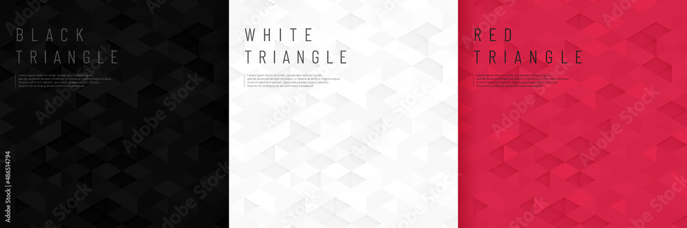 Set of abstract black, white and dark red geometric triangle shape pattern background. 3D hexagon texture with copy space collection design. Vector for presentation design. Vector illustration EPS10