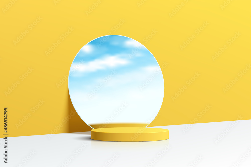 © JE48 - Realistic yellow and white 3D cylinder pedestal podium with cloud blue sky in mirror glass.  Minimal scene for products showcase, Stage promotion display. Vector abstract studio room platform design.