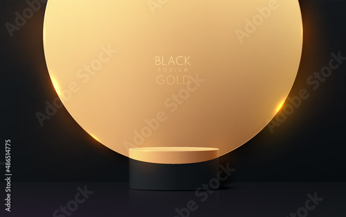 Realistic black and gold 3D cylinder pedestal podium with luxury golden circle background. Minimal scene for products showcase, Stage promotion display. Vector abstract studio room platform design.