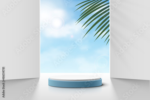 Realistic white and blue 3D cylinder pedestal podium with cloud blue sky and palm leaf. Vector abstract studio room geometric platform. Minimal scene for products stage showcase, Promotion display.