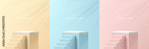 Set of pink, yellow, blue and white realistic 3d cube pedestal podium with stairs and leaf shadow overlay. Abstract studio room. Pastel minimal scene for products stage showcase, Promotion display.