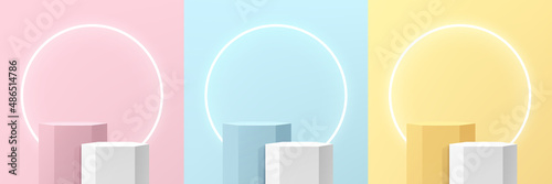 Set of pink, yellow, blue and white realistic 3d hexagon stand or podium with illuminate circle neon lamp. Abstract studio room. Pastel minimal scene for products stage showcase, Promotion display.